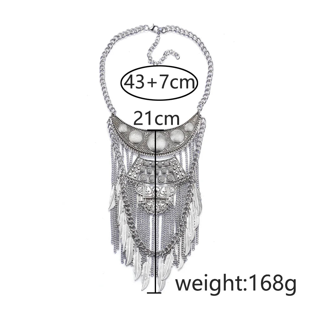 2024 New Indian Vintage Metal Chains Leaf Tassel Large Necklaces Pendants Women Punk Retro Silver Plated Statement Necklace Jewe