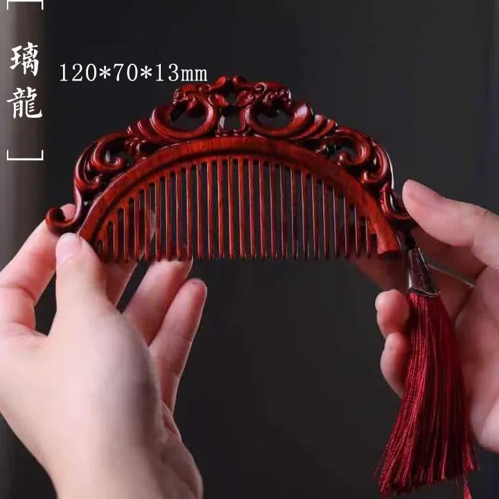 Natural Rhinoceros Horn Small Leaf Red Sandalwood Carved Wood Comb Retro Style Massage Comb Gifts with comb - KIMLUD