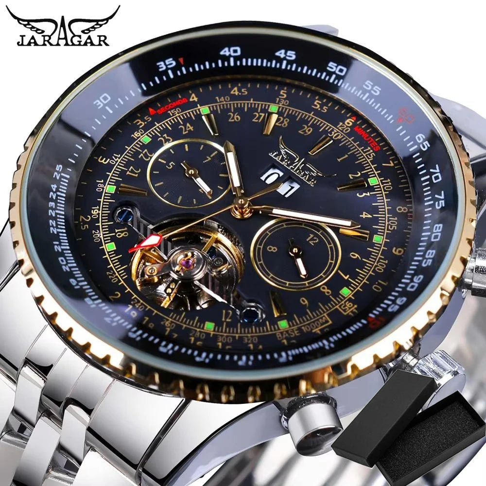 Jaragar Classic Tourbillon Men Mechanical Watch White Automatic Calendar Big Dial Stainless Steel Band Military Pilot Wristwatch