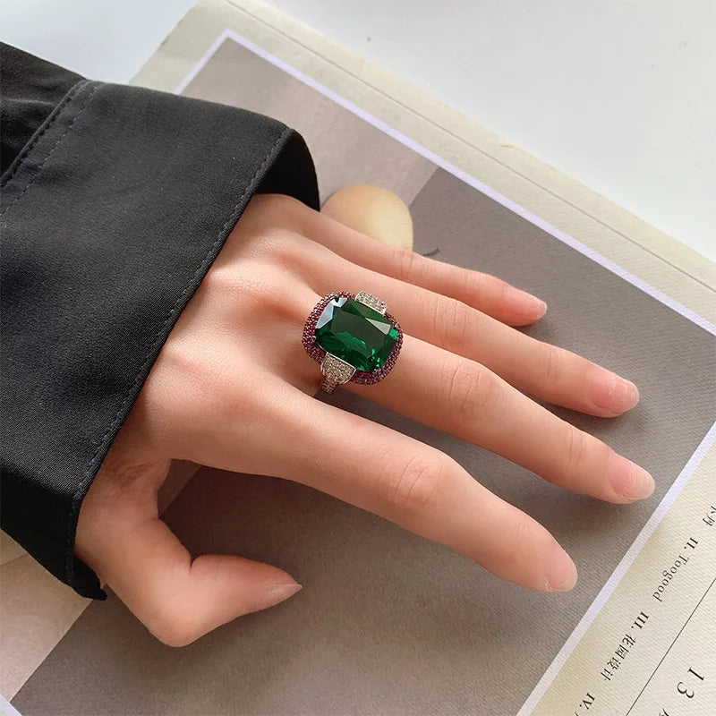 2024 Vintage 12*16MM Ruby Emerald Rings Lab Diamond Wedding Bands Gemstone Cocktail Party Fine Jewelry Female Anniversary Gifts