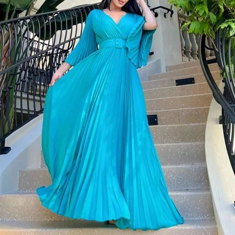 Luxury Pleated Dresses for Women V Neck Belt Waisted Flare Sleeve Floor Length Elegant Birthday Party Dinner Vestidos Mujer Robe