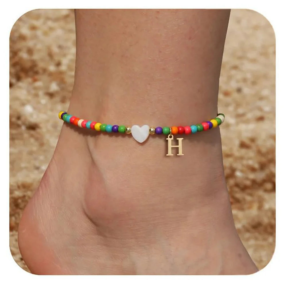 KIMLUD, Rainbow Round Beads Anklet Stainless Steel Love Heart 26 Letters A-Z Pendant Anklets For Women Boho Gold Color Ankle Bracelet, H, KIMLUD APPAREL - Womens Clothes