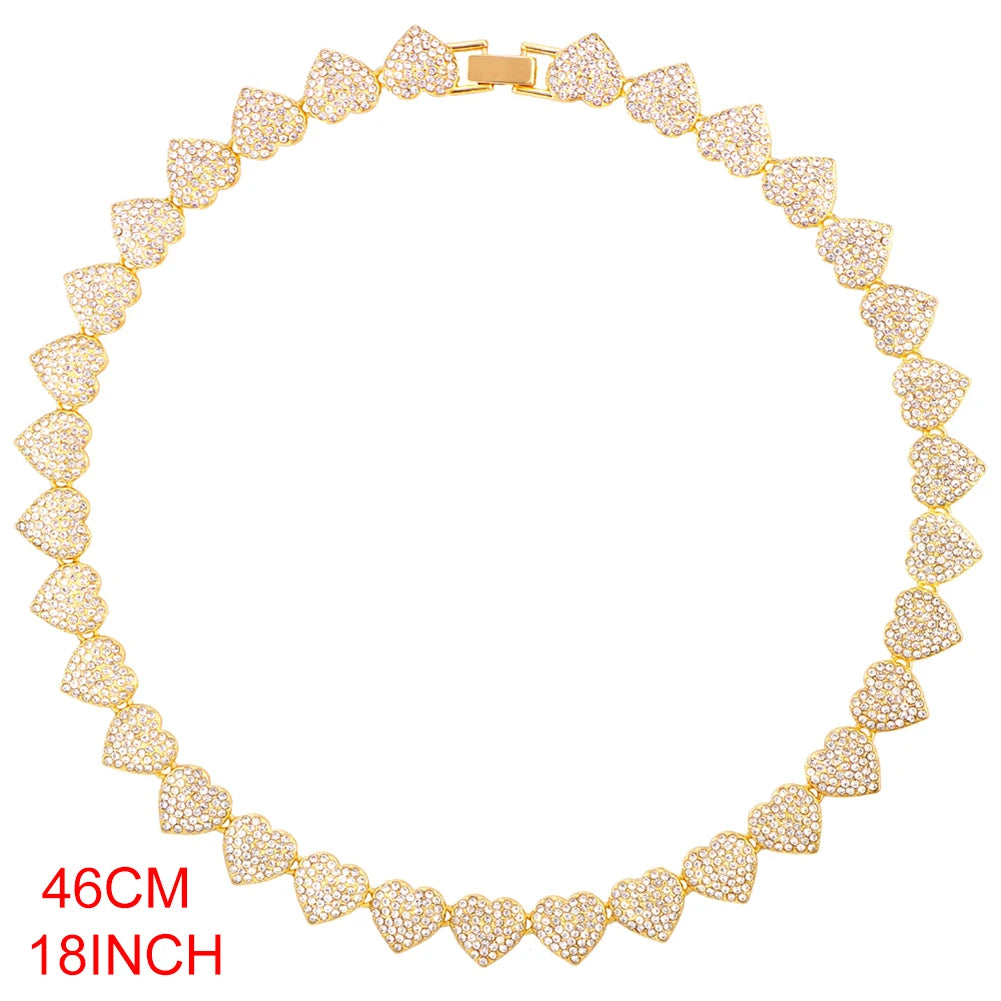 Crystal Heart Cuban Link Chain Necklace for Women 15mm Bling Full Rhinestones Paved Heart Tennis Chain Necklace Hip Hop Jewelry