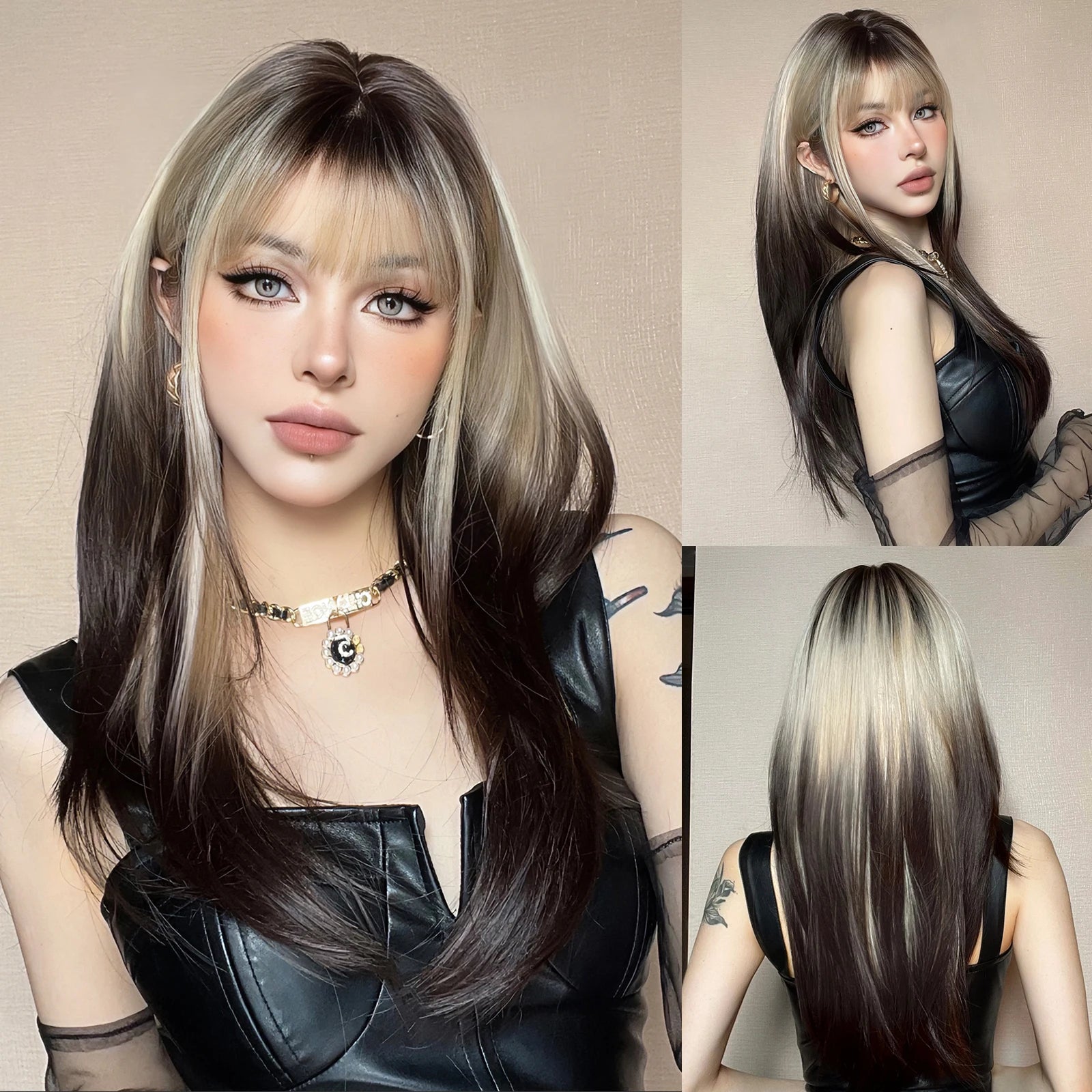 KIMLUD, Ombre Synthetic Straight Cosplay Women Hair Platinum Blonde to Black Hair Long Layered Natural Wigs with Bangs for White Women, Wig-LC3032-1, KIMLUD APPAREL - Womens Clothes