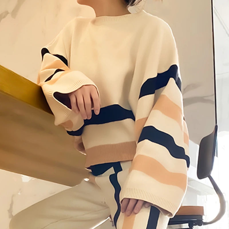 Beautyblue Chic Elegant Lantern Sleeves Pullovers Women Sweater New Casual Loose Fit Striped Knit Warm Autumn Spring Female Tops