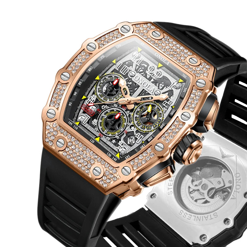 Unique Fashion Design Diamond Inlaid Men's Watch ONOLA Luxury Full-automatic Mechanical Waterproof Tape Watches Men clock