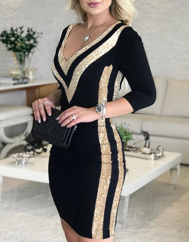 Women's Casual Dress Contrast Sequin V-Neck Bodycon Dress 2024 Latest Evening Sexy Gentlewoman Style Skinny Wrap Hip Midi Dress - KIMLUD