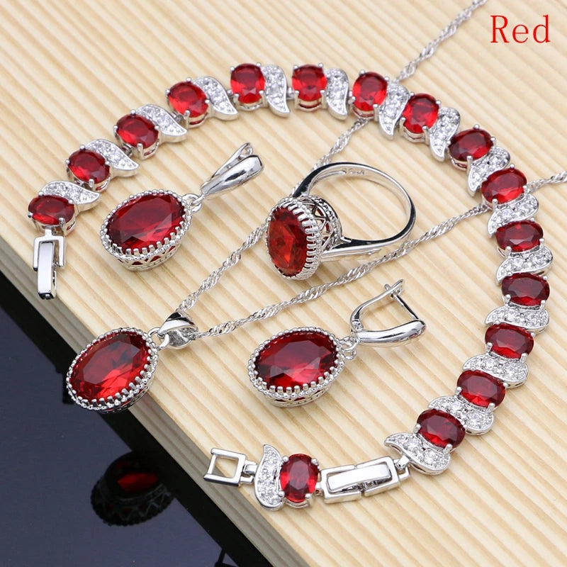 Ruby Red 925 Silver Jewelry Set Birthstone Jewelry Women Earrings/Pendant/Necklace/Rings/Bracelet Festival Valentine's Day Gift