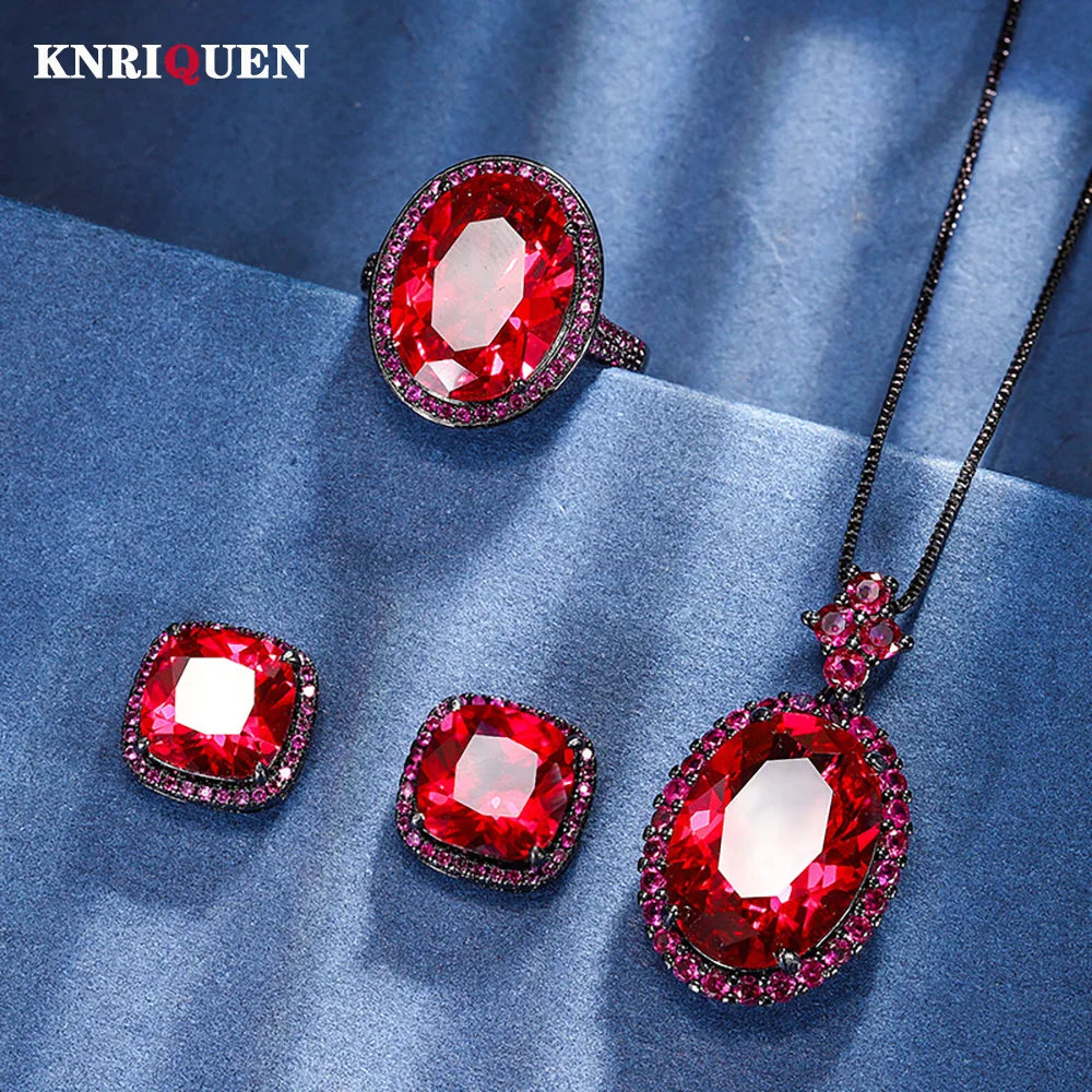 2024 New Vintage Blood Ruby Gemstone Necklace Pendant Ring Earrings Wedding Party Fine Jewelry Sets for Women Anniversary Gift