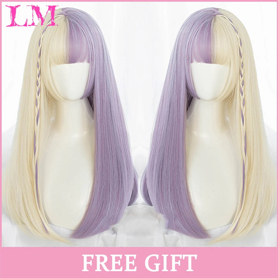 LM Long Natural Wavy Platinum Blonde Pink Wigs with Bangs Cosplay Party Lolita Synthetic Wigs for Women Heat Resistant Fiber