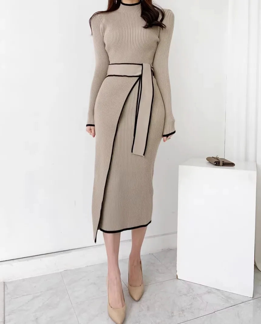 YuooMuoo Elegant Lace Up Turtleneck Knitted Long Dress Korean Fashion Khaki Black Rib Bandage Bodycon Sweater Dress Robe Femme