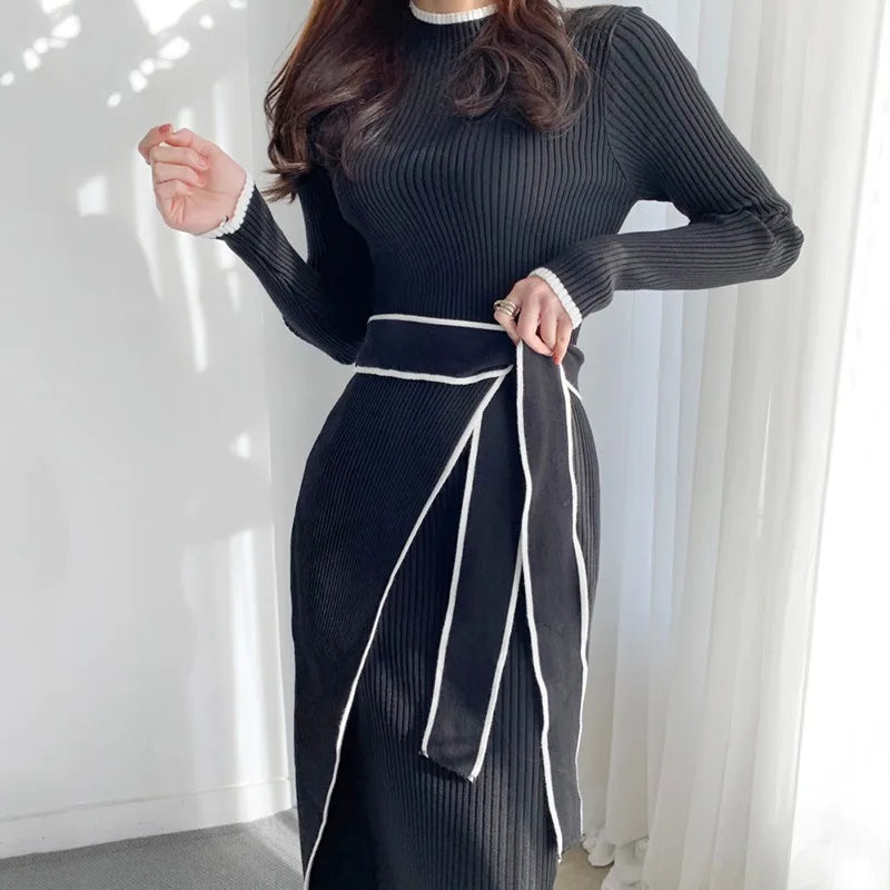 YuooMuoo Elegant Lace Up Turtleneck Knitted Long Dress Korean Fashion Khaki Black Rib Bandage Bodycon Sweater Dress Robe Femme