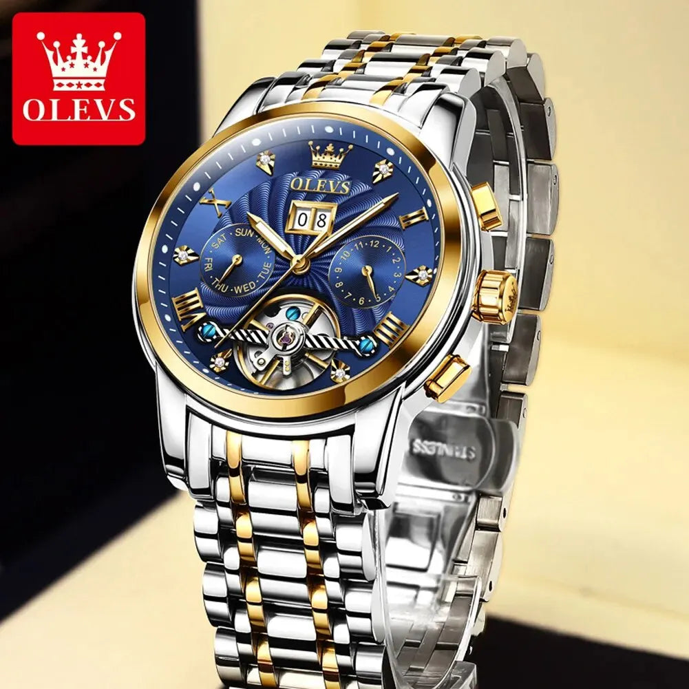 OLEVS 9910 Tourbillon Automatic Watch for Men Luxury Skeleton Men's Mechanical Wristwatch Stainless Steel Top Original Man Watch