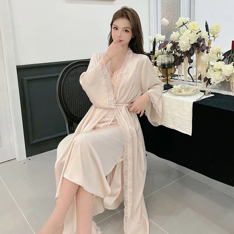 Elegant Long Robe Suit Sexy Home Dressing Gown Lace Trim Kimono Bathrobe Backless Nighty&robe Set Intimate Lingerie Nightgown