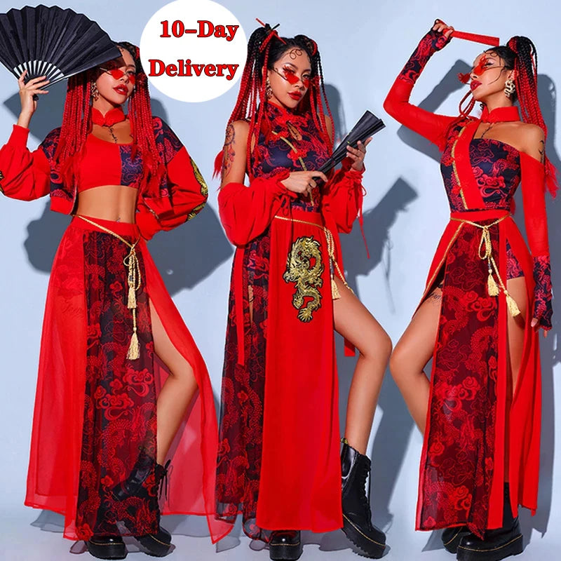 Red Festival Outfits Hip Hop Clothes For Adults Gogo Dance Stage Costumes Chinese Style Women'S Jazz Performance Clothes - KIMLUD