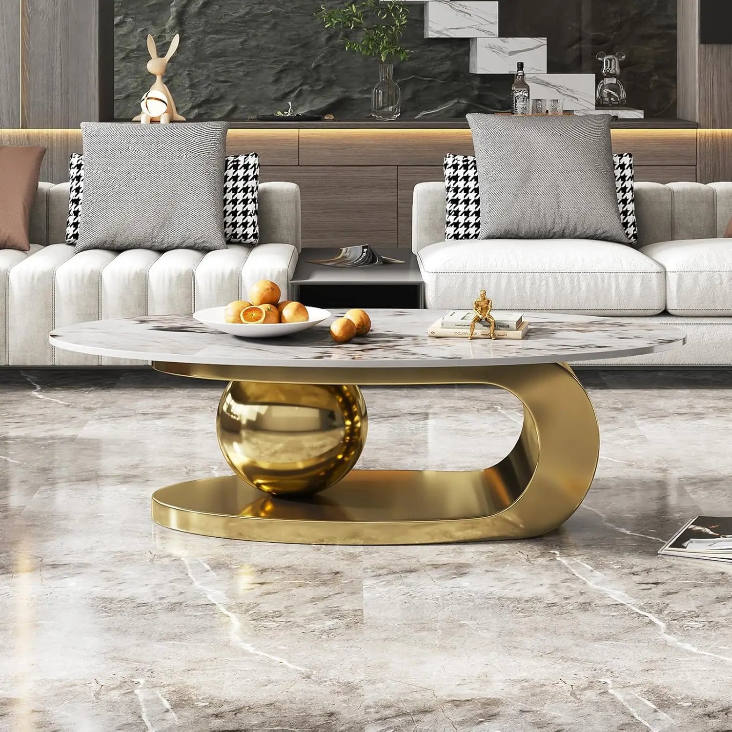 51" Lx28 Wx16.5 H.Modern Oval Stone Coffee Table with Abstract Gold Metal Base - Perfect Centerpiece for Stylish Living Rooms-Go