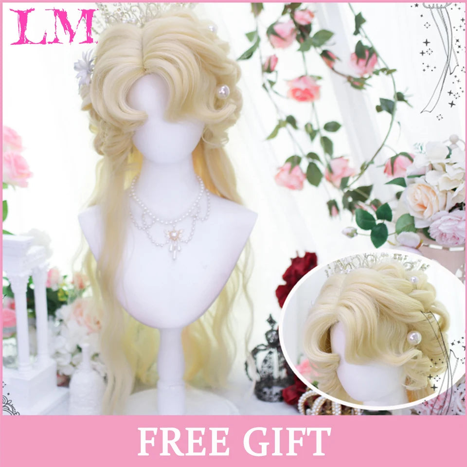 LM Long Natural Wavy Platinum Blonde Pink Wigs with Bangs Cosplay Party Lolita Synthetic Wigs for Women Heat Resistant Fiber