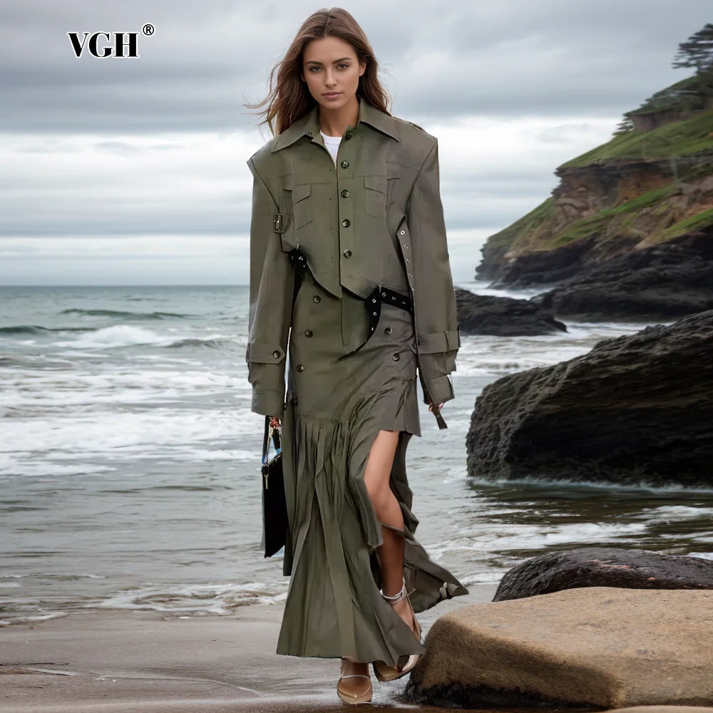 VGH Temperament Two Piece Sets For Women Lapel Long Sleeve Spliced Belt Jacket High Waist Pleated Skirts Slimming Set Female New