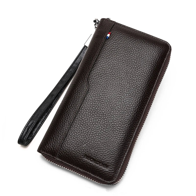 BISON DENIM Genuine leather Wallet Men Zipper Coin Pocket Long Purse Male Passport Cover RFID Blocking Card Holder Wallet