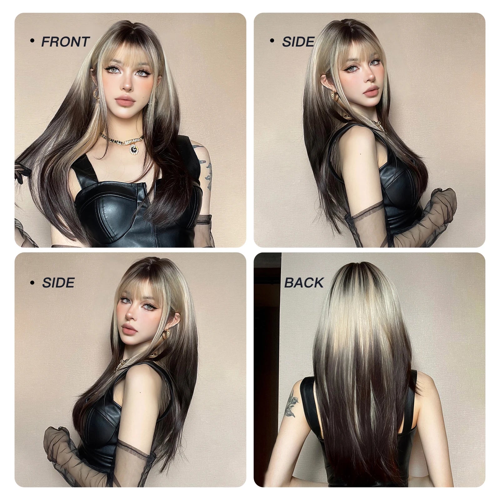 KIMLUD, Ombre Synthetic Straight Cosplay Women Hair Platinum Blonde to Black Hair Long Layered Natural Wigs with Bangs for White Women, KIMLUD Womens Clothes