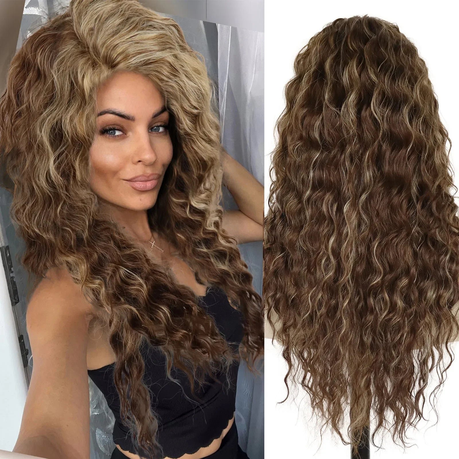 KIMLUD, Ash Blonde Curly Wig Synthetic Long Curly Hair Wigs for Women Fluffy Hairstyle Wave Ombre Wig Costume Carnival Party Regular Wig, Brown Mix Blonde / 26inches, KIMLUD APPAREL - Womens Clothes