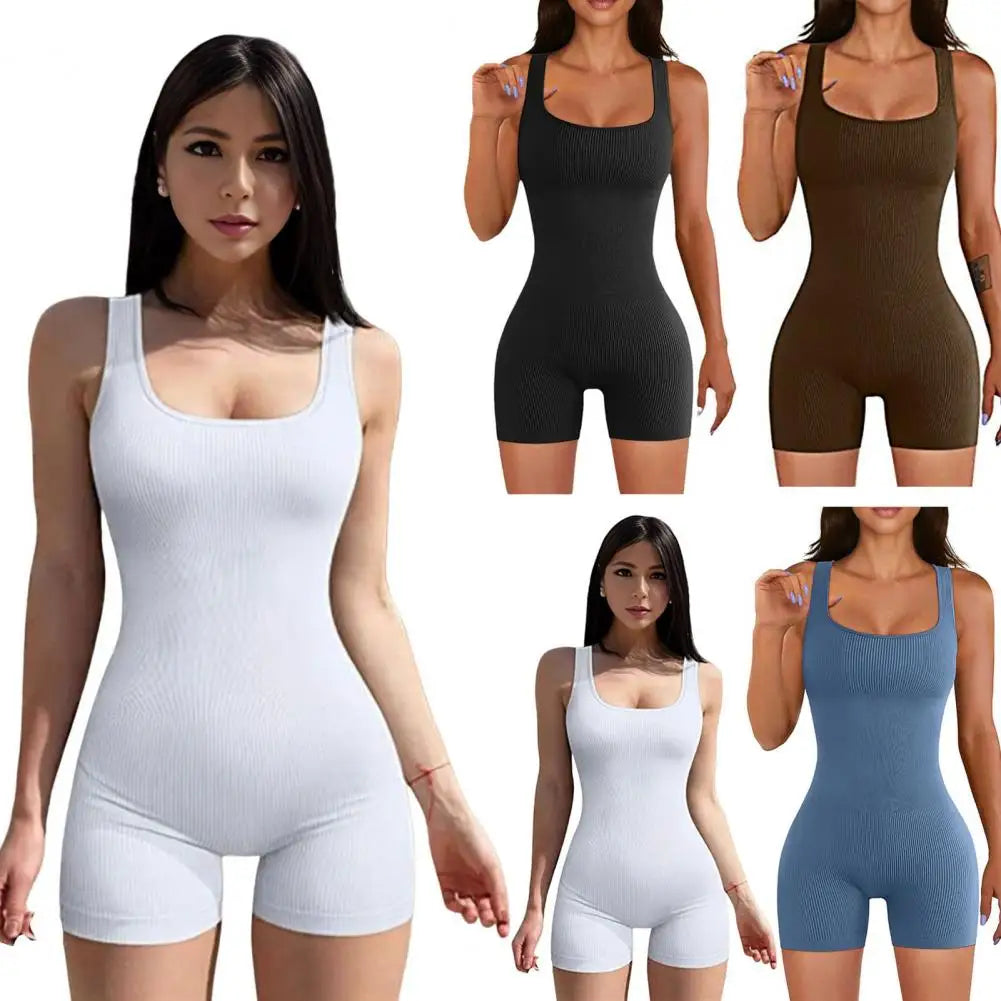 Women Sexy Yoga Ribbed Jumpsuit Short Sleeve Square Neck Slim Fit  Bodysuit Yoga Sport Playsuit Breathable Playsuit 2024