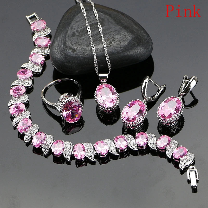 Ruby Red 925 Silver Jewelry Set Birthstone Jewelry Women Earrings/Pendant/Necklace/Rings/Bracelet Festival Valentine's Day Gift