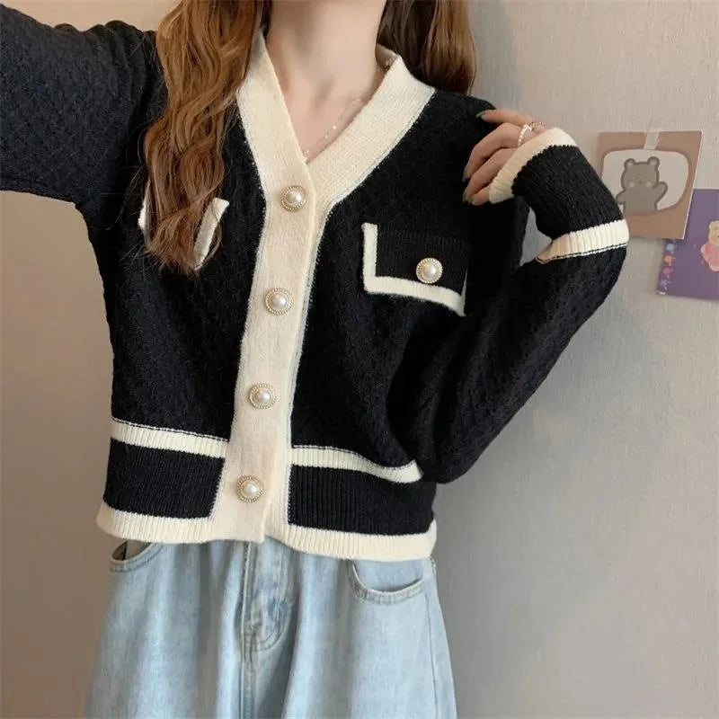 KIMLUD, woman sweater cardigan autumn/winter knitting V-neck long lantern sleeve color splicing woman's clothing dropshipping AYX588, KIMLUD Womens Clothes