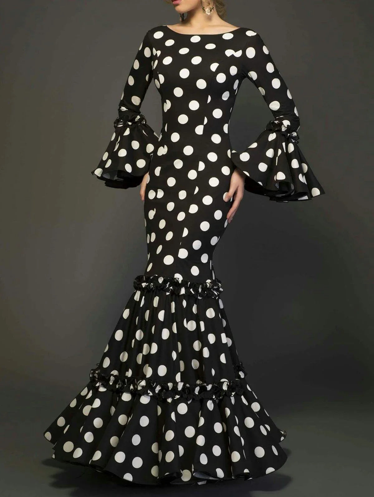 Elegant Ladies Dress Fashionable Trumpet Sleeves Polka Dot Decoration Cascading Ruffle Hem Sexy Fishtail Ladies Evening Dress