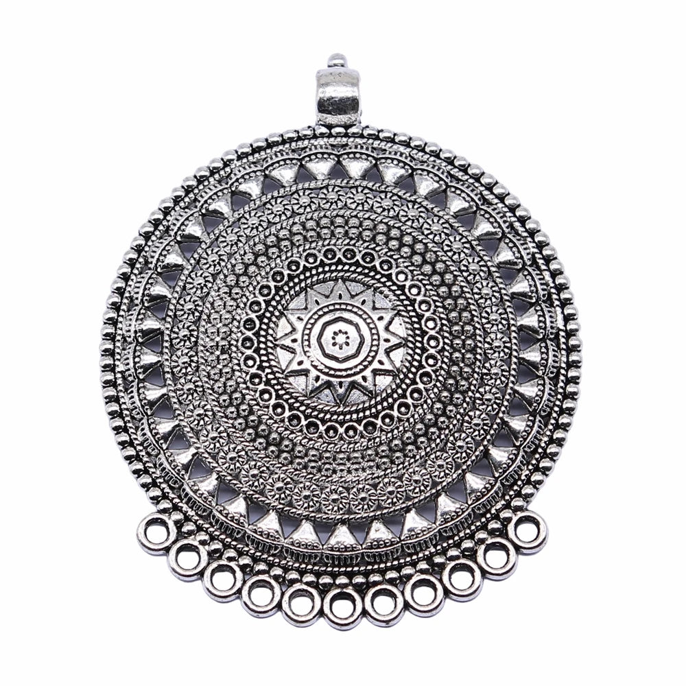 WYSIWYG 1pcs 74x60mm Antique Silver Color Carved Round Necklace Connector Charms Pendant For DIY Jewelry Findings