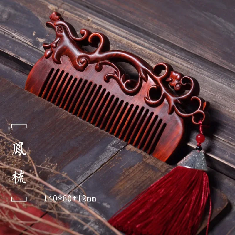 Natural Rhinoceros Horn Small Leaf Red Sandalwood Carved Wood Comb Retro Style Massage Comb Gifts with comb - KIMLUD