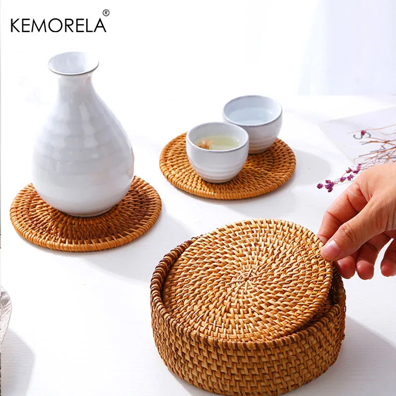 KIMLUD, KEMORELA 1PC Round Natural Rattan Coasters Bowl Pad Handmade Padding Cup Mat Insulation Placemats Kitchen Decoration Accessories, KIMLUD Womens Clothes