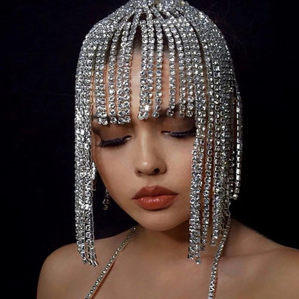 XSBODY Flash Long Tassel Hair Chain Rhinestone Head Chain for Women Nightclub Crystal Headband Hat Bridal Headpiece Jewelry