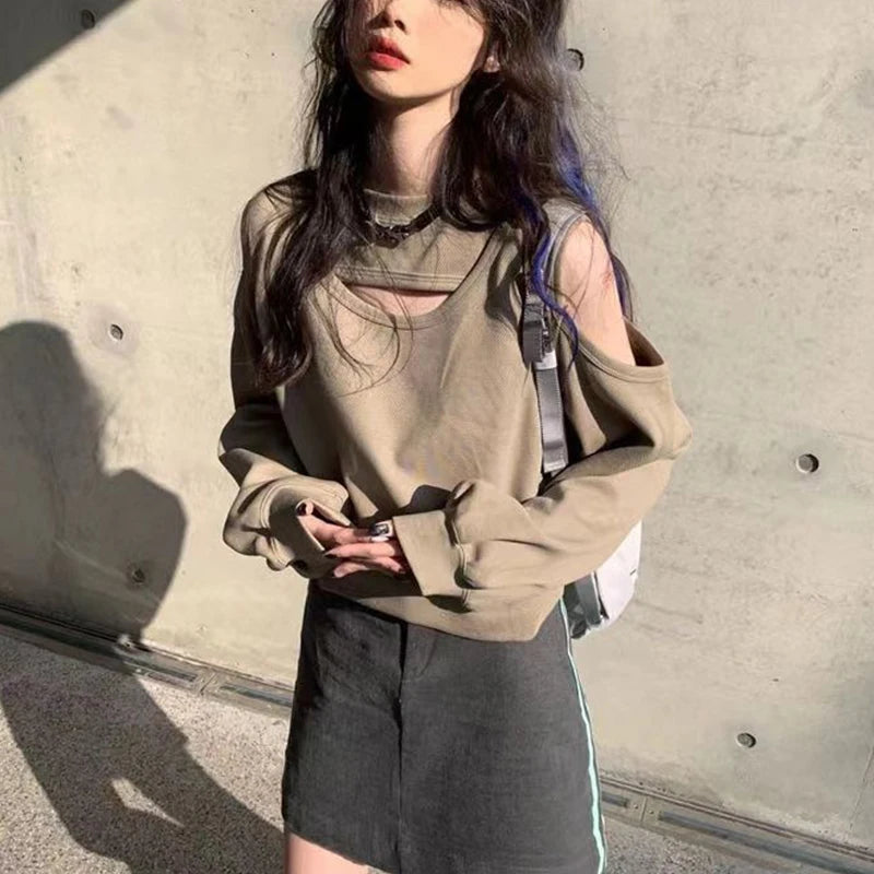 Spring Autumn Casual Fashion Hollow Out Sweatshirt Ladies Loose All-match Off the Shoulder Top Women Korean Style Solid Pullover