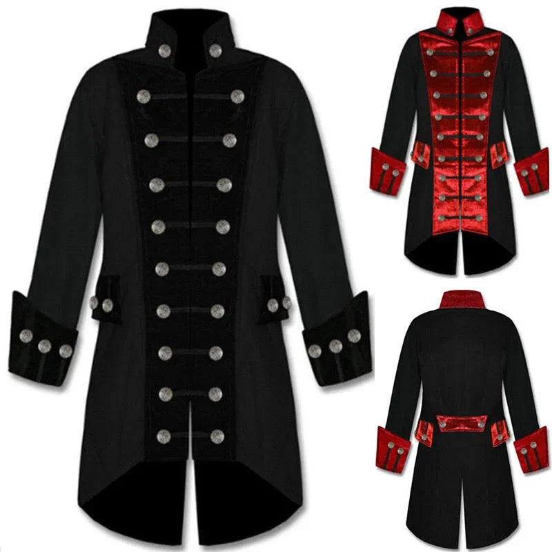 Adult men handmade steampunk pirate vampire costume vintage black red gothic jacket uniform short trench coat for men plus size