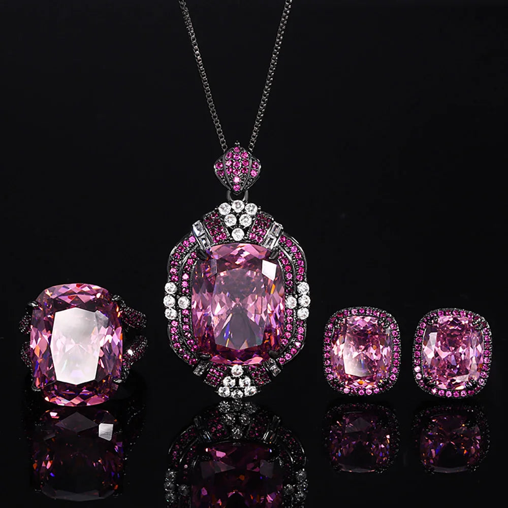 Retro Luxury Lab Pink Quartz Gemstone Necklace Pendant Ring Earrings Cocktail Party Fine Jewelry Sets for Women Accessories Gift