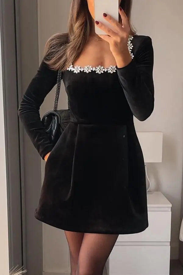 White Pleated Hem Spliced Mini Dress Elegant Square Neck Long Sleeve High Waist Dresses 2024 Autumn women Chic Party Streetwear