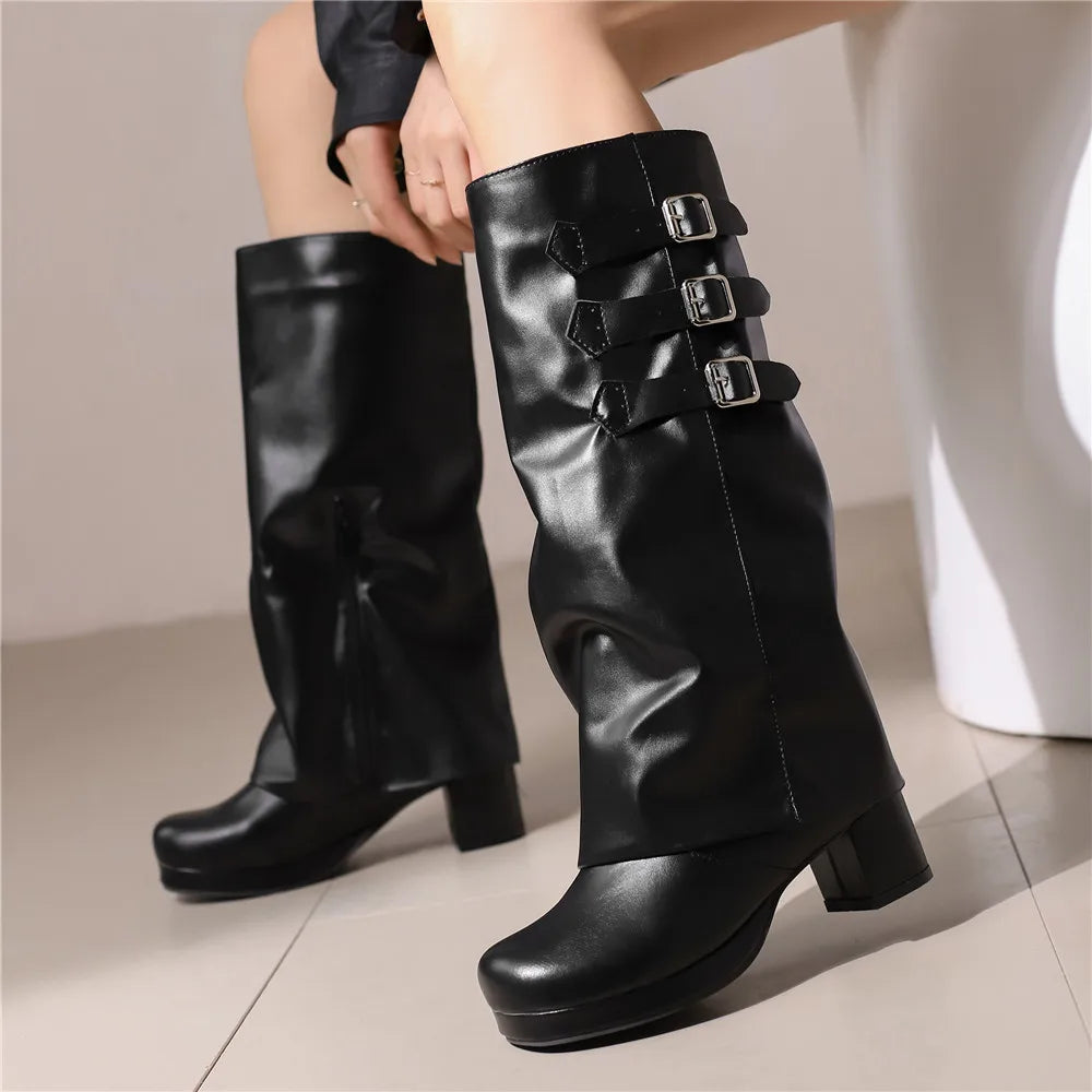 Women Thick Bottom Motorcycle Boots Women Knee High Boots Autumn Winter Women Gothic Punk Buckle Casual Boots Brown White Black