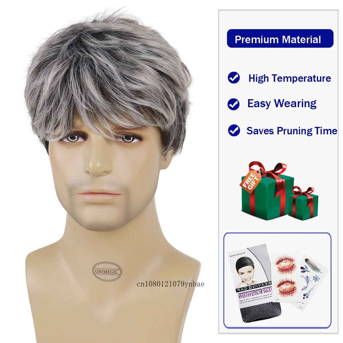 KIMLUD, Male Mix Grey Wigs Synthetic Hair Short Wig with Bangs for Men Daddy Hairstyles Gifts Daily Cosplay Costume Party Heat Resistant, KIMLUD Womens Clothes