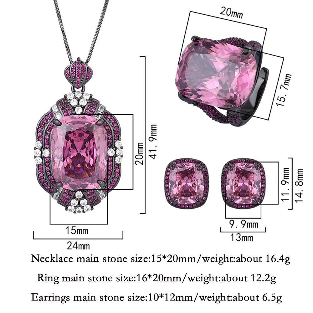 Retro Luxury Lab Pink Quartz Gemstone Necklace Pendant Ring Earrings Cocktail Party Fine Jewelry Sets for Women Accessories Gift