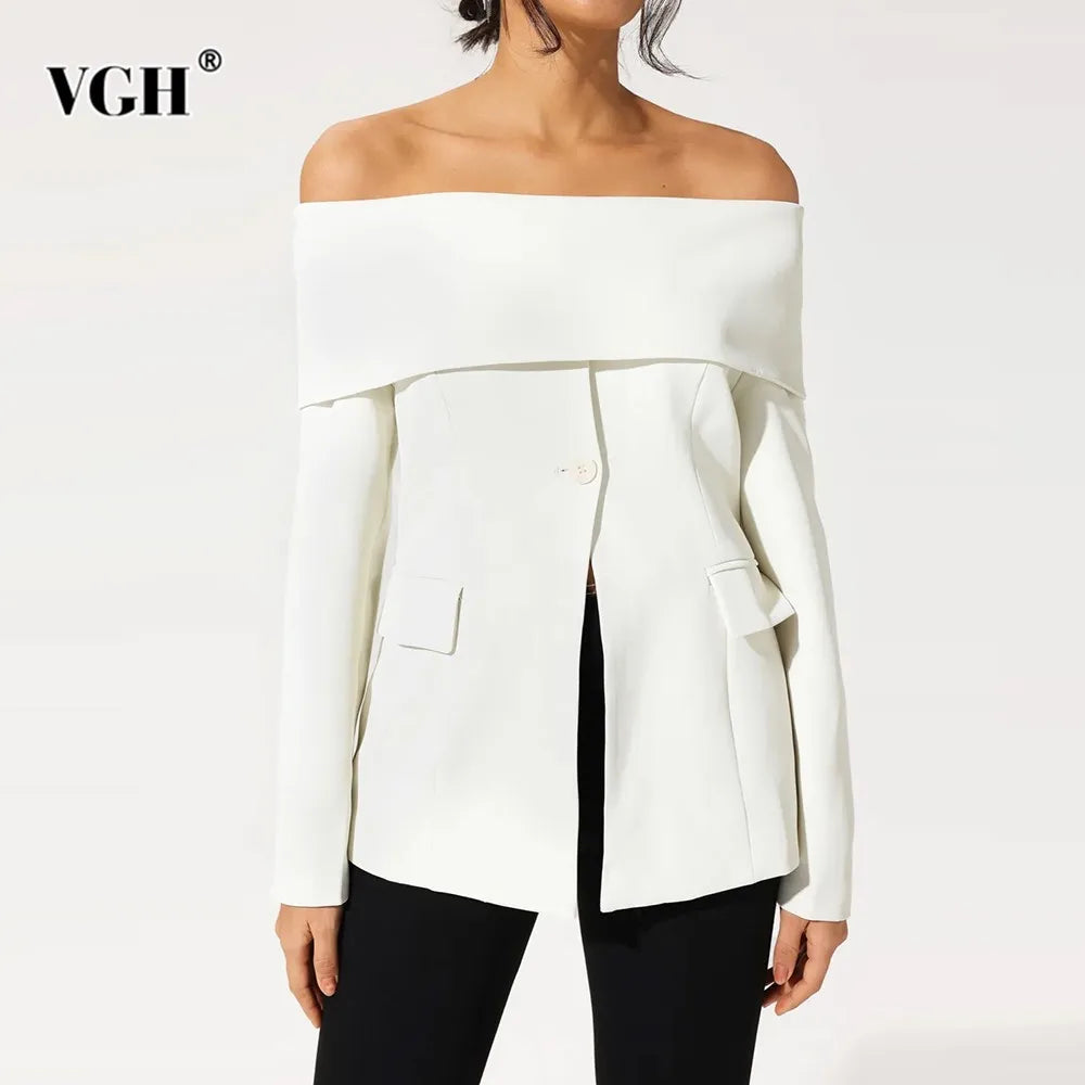 VGH Solid Patchwork Button Temperament Blazer For Women Slash Neck Long Sleeve Slimming Blazers Female Fashion Style Clothes New