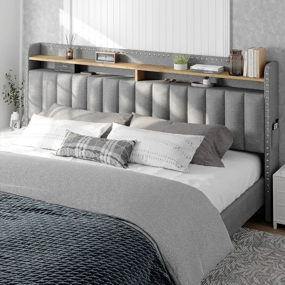 King Size Bed Frame with Storage and Headboard, Upholstered King Bed Frame with Storage, Grey King Bed Frame w 2 Drawers