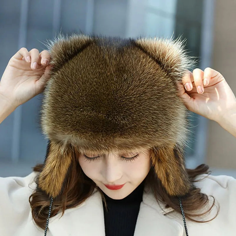 trend Raccoon Fur Cap Tail Women Natural Raccoon Fur Caps Ushanka Hats for Winter Thick Warm Ears Fashion Bomber Pom Pom Hat