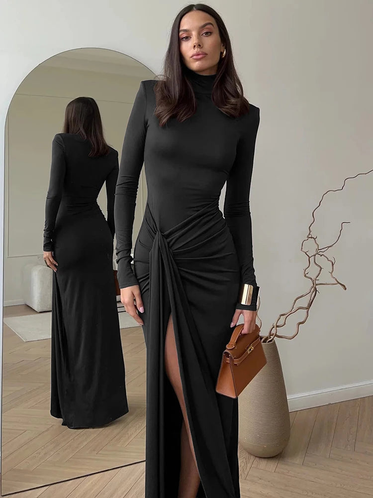 KIMLUD, Mozision Turtleneck Thigh High Split Sexy Maxi Dress For Women Fashion Long Sleeve Draped Bandage Bodycon Club Long Dress, black / S, KIMLUD APPAREL - Womens Clothes