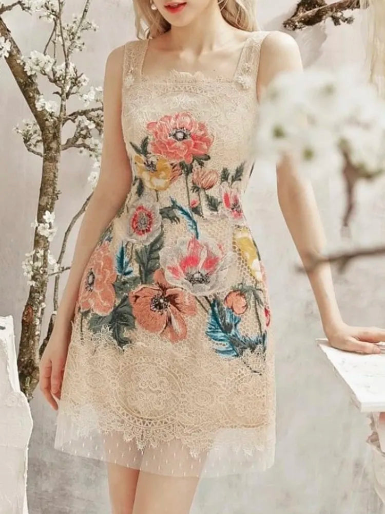 VGH hit color patchwork embroidery elegant dress for women square collar sleeveless high waist spliced mesh mini dresses female