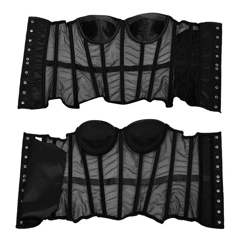 Sexy Women Sheer Bustier Lace Up Corset Top Corset Boned Waist Trainer Lingerie Overbust Corsets Body Shaper Corsets for Women