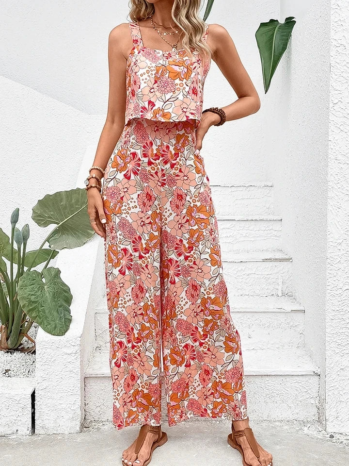 2024 Summer Elegant Long Jumpsuit Women Sexy Backless Wide Leg Casual Sleeveless Floral Rompers Summer Clothes Jumpsuits