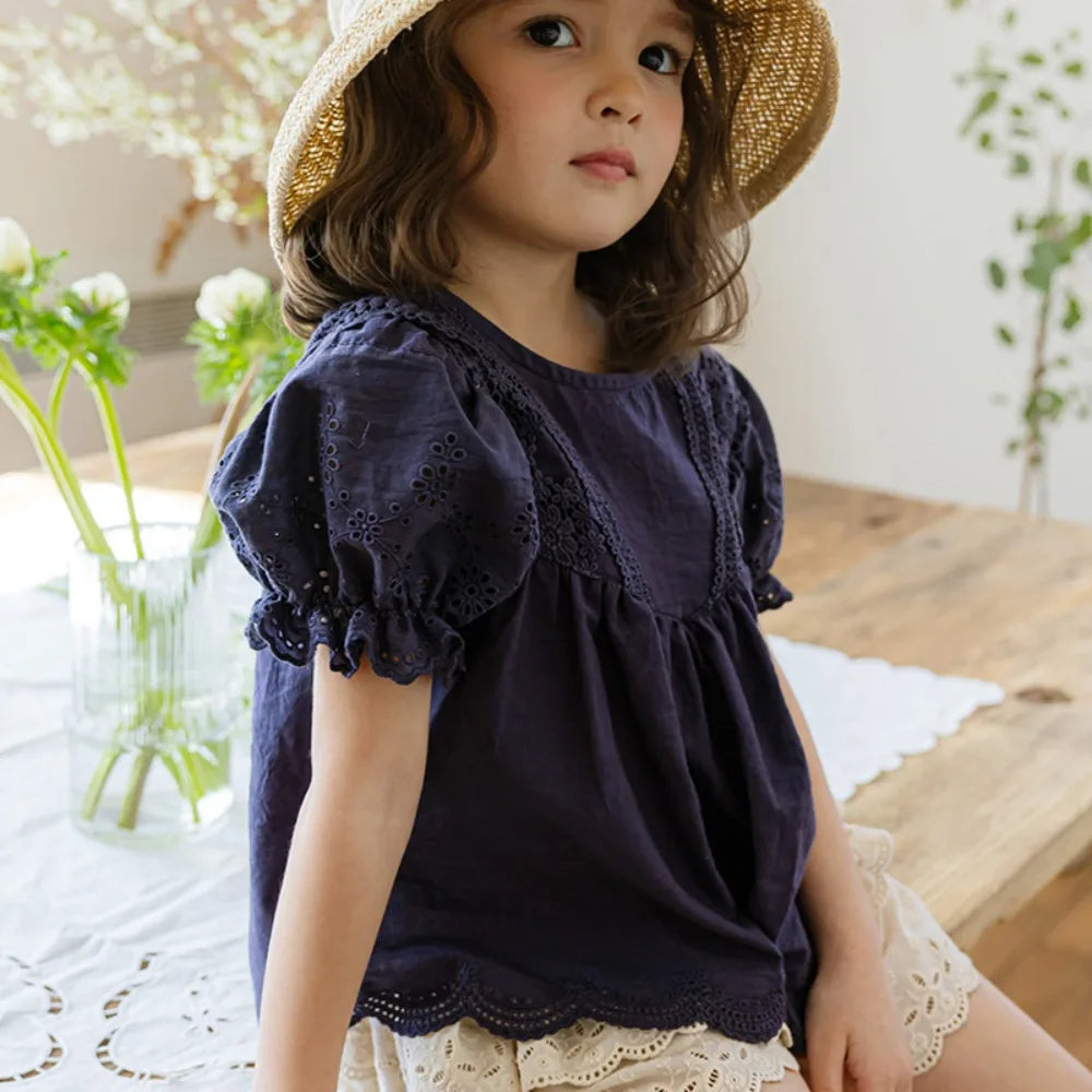 Blouses Summer Korea Girls Children Clothing Sweet Lovely Cotton Puff Sleeve Short Sleeved Shirt 2024 Simple Fashion