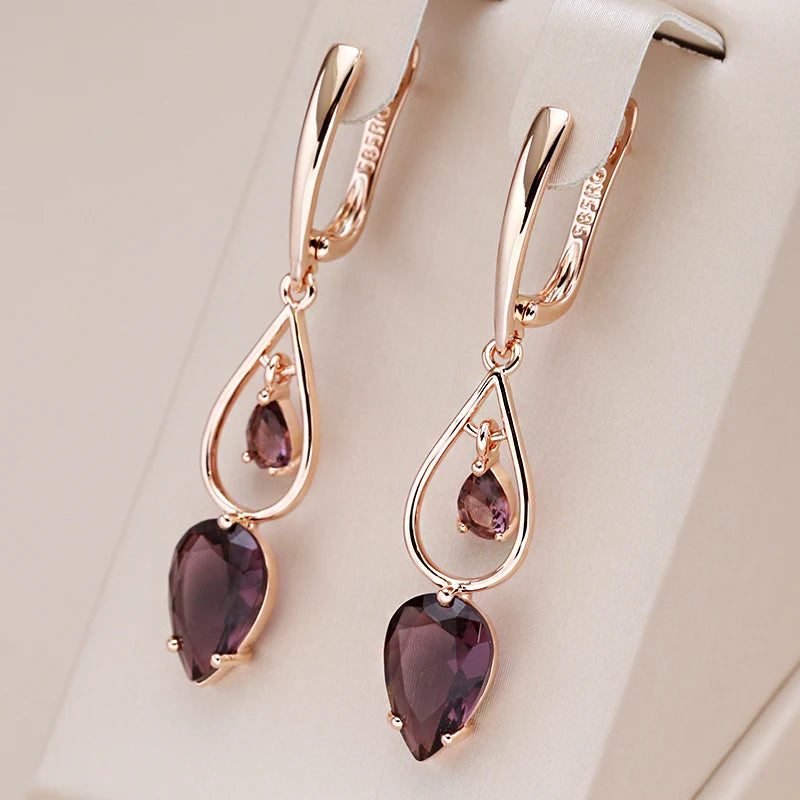 KIMLUD, Kinel Hot Purple Natural Zircon Long Drop Earrings for Women Fashion 585 Rose Gold Water Drop Accessories Wedding Daily Jewelry, KIMLUD Womens Clothes