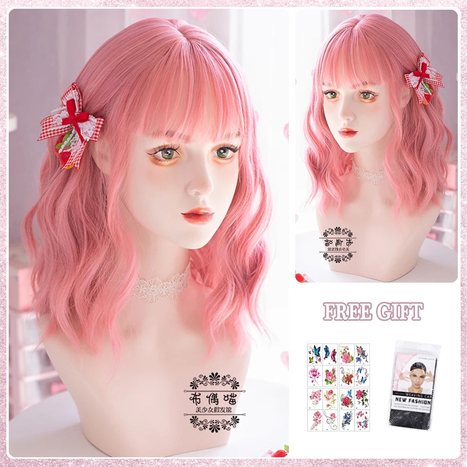 LM Long Natural Wavy Platinum Blonde Pink Wigs with Bangs Cosplay Party Lolita Synthetic Wigs for Women Heat Resistant Fiber